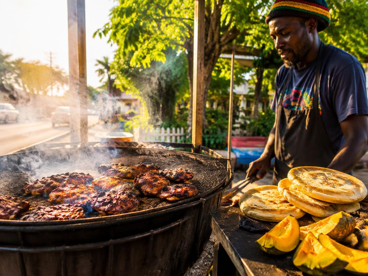 Jamaican jerk grill with festival bread