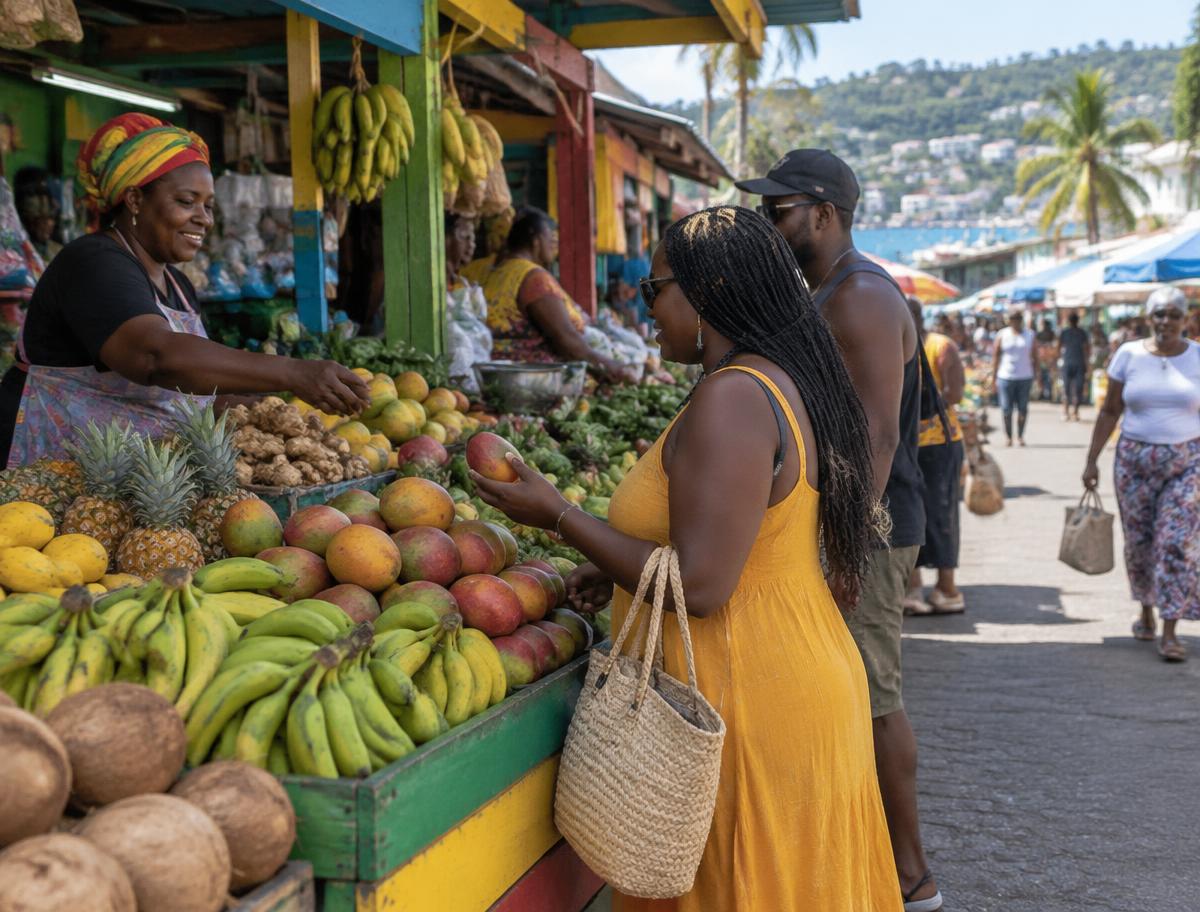 Illustration of people shopping for tropical fruit at a Jamaican market